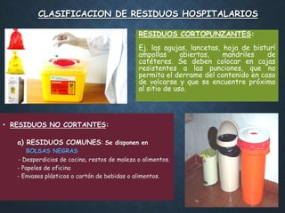 CLASIFICACION DE RESIDUOS HOSPITALARIOS
• RESIDUOS NO CORTANTES:
a) RESIDUOS COMUNES: Se disponen en
BOLSAS NEGRAS
- Desperdicios de cocina, restos de maleza o alimentos.
- Papeles de oficina
- Envases plásticos o cartón de bebidas o alimentos.
RESIDUOS CORTOPUNZANTES:
Ej. las agujas, lancetas, hoja de bisturí
ampollas abiertas, mandriles de
catéteres. Se deben colocar en cajas
resistentes a las punciones, que no
permita el derrame del contenido en caso
de volcarse y que se encuentre próximo
al sitio de uso.
 