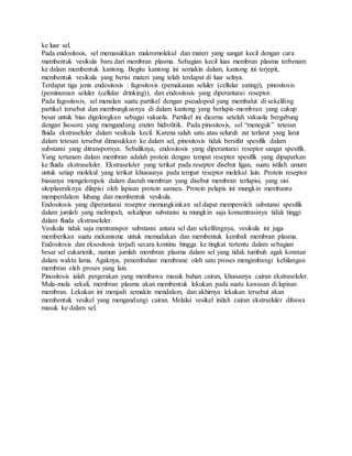 ke luar sel.
Pada endositosis, sel memasukkan makromolekul dan materi yang sangat kecil dengan cara
mambentuk vesikula baru dari membran plasma. Sebagian kecil luas membran plasma terbenam
ke dalam membentuk kantong. Begitu kantong ini semakin dalam, kantong ini terjepit,
membentuk vesikula yang berisi materi yang telah terdapat di luar selnya.
Terdapat tiga jenis endositosis : fagositosis (pemakanan seluler (cellular eating)), pinositosis
(peminuman seluler (cellular drinking)), dan endositosis yang diperantarai reseptor.
Pada fagositosis, sel menelan suatu partikel dengan pseudopod yang membalut di sekeliling
partikel tersebut dan membungkusnya di dalam kantong yang berlapis-membran yang cukup
besar untuk bias digolongkan sebagai vakuola. Partikel ini dicerna setelah vakuola bergabung
dengan lisosom yang mengandung enzim hidrolitik. Pada pinositosis, sel “meneguk” tetesan
fluida ekstraseluler dalam vesikula kecil. Karena salah satu atau seluruh zat terlarut yang larut
dalam tetesan tersebut dimasukkan ke dalam sel, pinositosis tidak bersifat spesifik dalam
substansi yang ditranspornya. Sebaliknya, endositosis yang diperantarai reseptor sangat spesifik.
Yang tertanam dalam membran adalah protein dengan tempat reseptor spesifik yang dipaparkan
ke fluida ekstraseluler. Ekstraseluler yang terikat pada reseptor disebut ligan, suatu istilah umum
untuk setiap molekul yang terikat khususnya pada tempat reseptor molekul lain. Protein reseptor
biasanya mengelompok dalam daerah membran yang disebut membran terlapisi, yang sisi
sitoplasmiknya dilapisi oleh lapisan protein samara. Protein pelapis ini mungkin membantu
memperdalam lubang dan membentuk vesikula.
Endositosis yang diperantarai reseptor memungkinkan sel dapat memperoleh substansi spesifik
dalam jumlah yang melimpah, sekalipun substansi iu mungkin saja konsentrasinya tidak tinggi
dalam fluida ekstraseluler.
Vesikula tidak saja mentranspor substansi antara sel dan sekelilingnya, vesikula ini juga
memberikan suatu mekanisme untuk memudakan dan membentuk kembali membran plasma.
Endositosis dan eksositosis terjadi secara kontinu hingga ke tingkat tertentu dalam sebagian
besar sel eukariotik, namun jumlah membran plasma dalam sel yang tidak tumbuh agak konstan
dalam waktu lama. Agaknya, penembahan membrane oleh satu proses mengimbangi kehilangan
membran oleh proses yang lain.
Pinositosis ialah pergerakan yang membawa masuk bahan cairan, khususnya cairan ekstraseluler.
Mula-mula sekali, membran plasma akan membentuk lekukan pada suatu kawasan di lapisan
membran. Lekukan ini menjadi semakin mendalam, dan akhirnya lekukan tersebut akan
membentuk vesikel yang mengandungi cairan. Melalui vesikel inilah cairan ekstrseluler dibawa
masuk ke dalam sel.
 