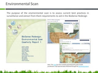 Environmental Scan

The purpose of the environmental scan is to assess current best practices in
surveillance and extract from them requirements to aid in the BioSense Redesign




                                       Note: The map has been initially populated with public health
                                       jurisdictions' self-reported data obtained through the Distribute project.
 