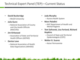 Technical Expert Panel (TEP)—Current Status


•   David Buckeridge                          •   Judy Murphy
     – McGill University                           – Aurora Health System
•   Julia Gunn                                •   Marc Paladini
     – National Association of County              – NYC Department of Health and
       and City Health Officials                     Mental Hygiene
       (NACCHO)                               •   Tom Safranek, Lisa Ferland, Richard
•   Jim Kirkwood                                  Hopkins
     – Association of State and Territorial        – Council of State and Territorial
       Health Officers (ASTHO)                       Epidemiologists (CSTE)

•   Denise Love                               •   Walter G. Suarez
     – National Association of Health              – Kaiser Permanente
       Data Organizations (NAHDO)
 