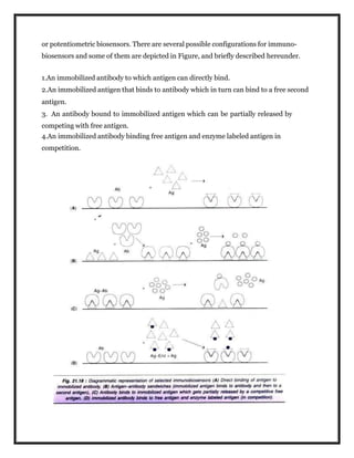 or potentiometric biosensors. There are several possible configurations for immuno-
biosensors and some of them are depicted in Figure, and briefly described hereunder.
1.An immobilized antibody to which antigen can directly bind.
2.An immobilized antigen that binds to antibody which in turn can bind to a free second
antigen.
3. An antibody bound to immobilized antigen which can be partially released by
competing with free antigen.
4.An immobilized antibody binding free antigen and enzyme labeled antigen in
competition.
 