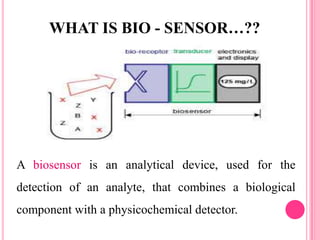 WHAT IS BIO - SENSOR…??
A biosensor is an analytical device, used for the
detection of an analyte, that combines a biological
component with a physicochemical detector.
 