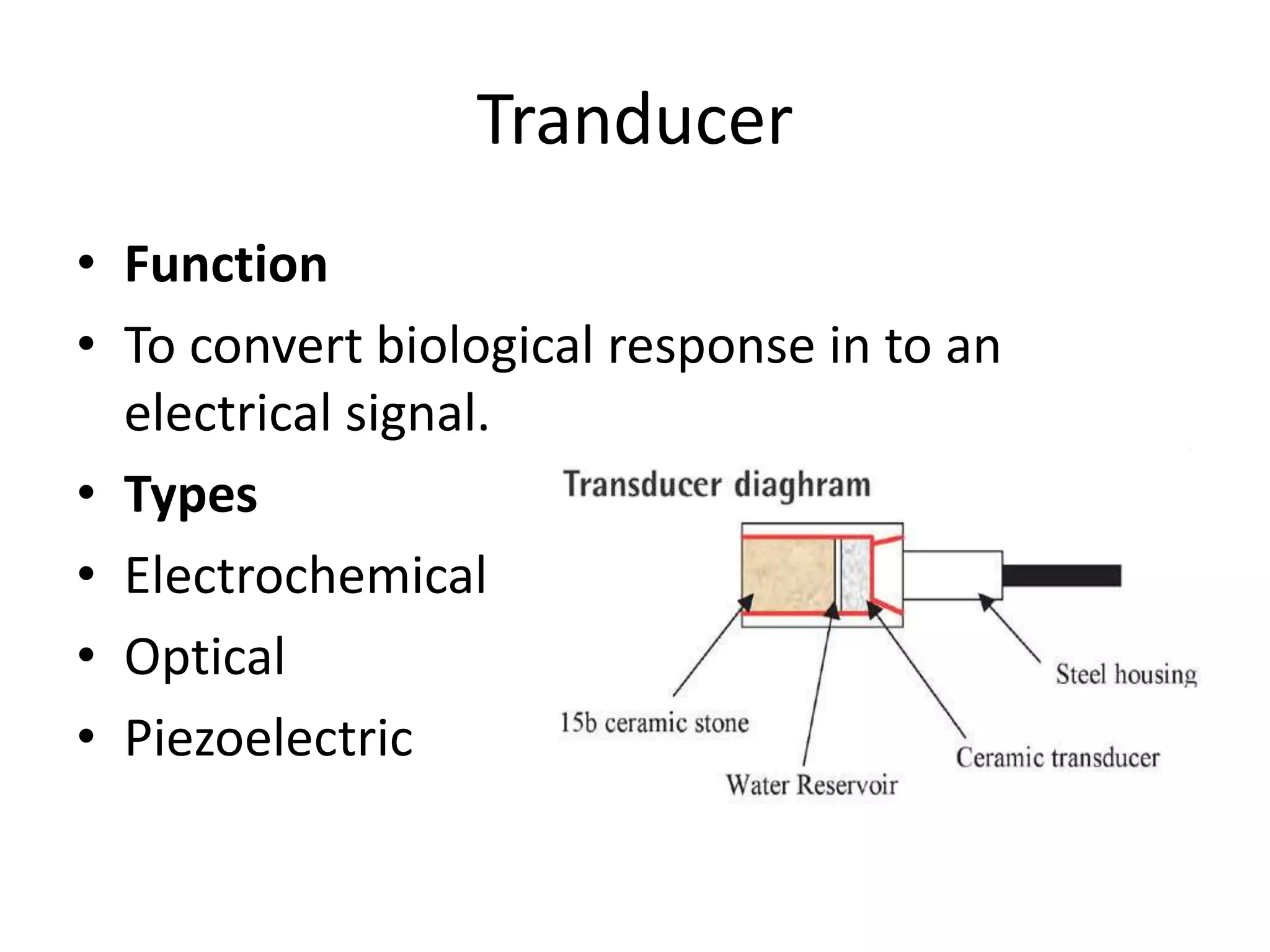Tranducer
• Function
• To convert biological response in to an
electrical signal.
• Types
• Electrochemical
• Optical
• Piezoelectric
 