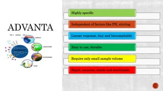 Highly specific
Independent of factors like PH, stirring
Lenear response, tiny and biocompitable
Easy to use, durable
Require only small sample volume
Rapid, accurate, stable and sterilizable.
ADVANTA
GES…
 