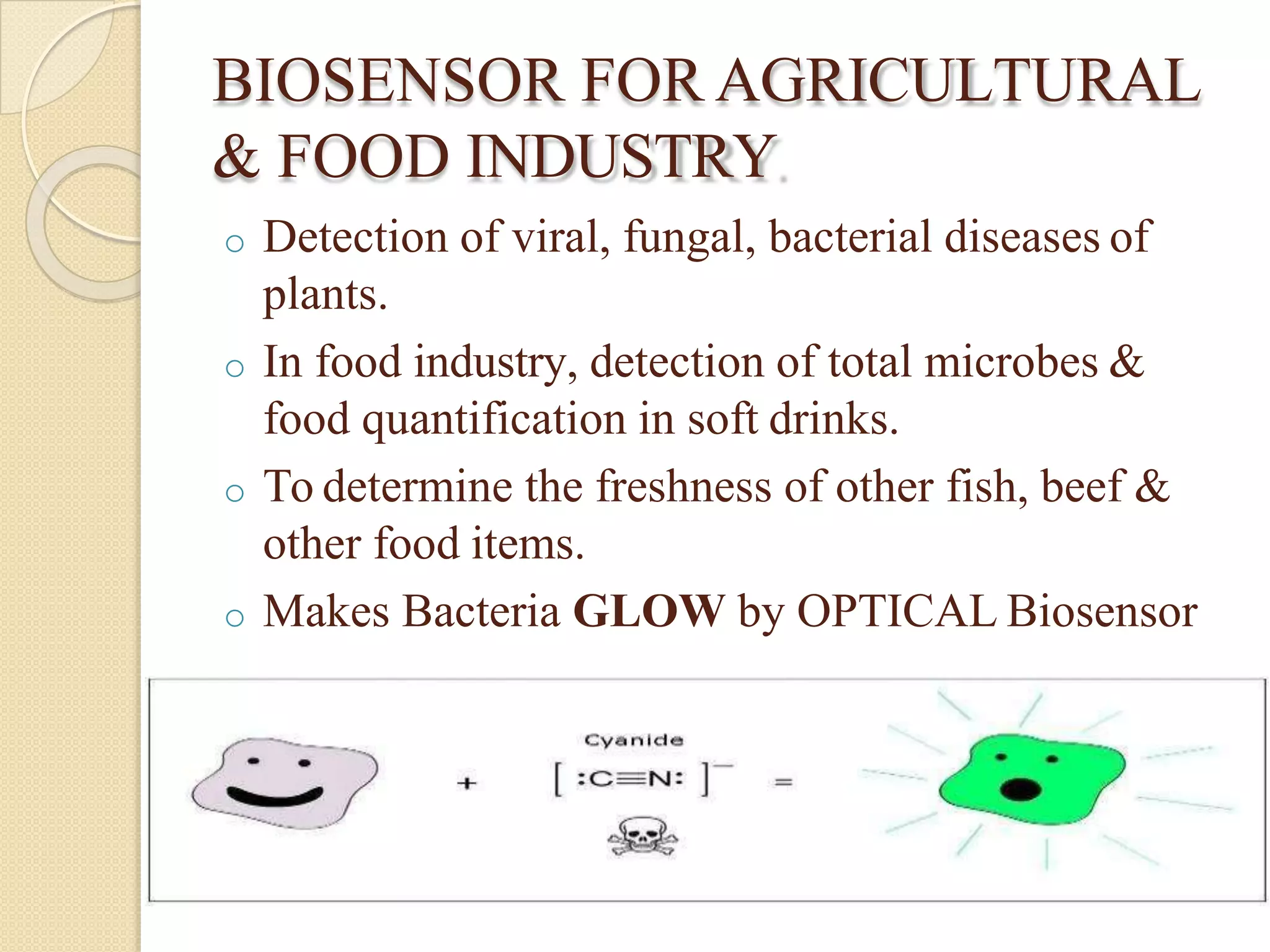 BIOSENSOR FOR AGRICULTURAL
& FOOD INDUSTRY
o Detection of viral, fungal, bacterial diseases of
plants.
o In food industry, detection of total microbes &
food quantification in soft drinks.
o To determine the freshness of other fish, beef &
other food items.
o Makes Bacteria GLOW by OPTICAL Biosensor
 