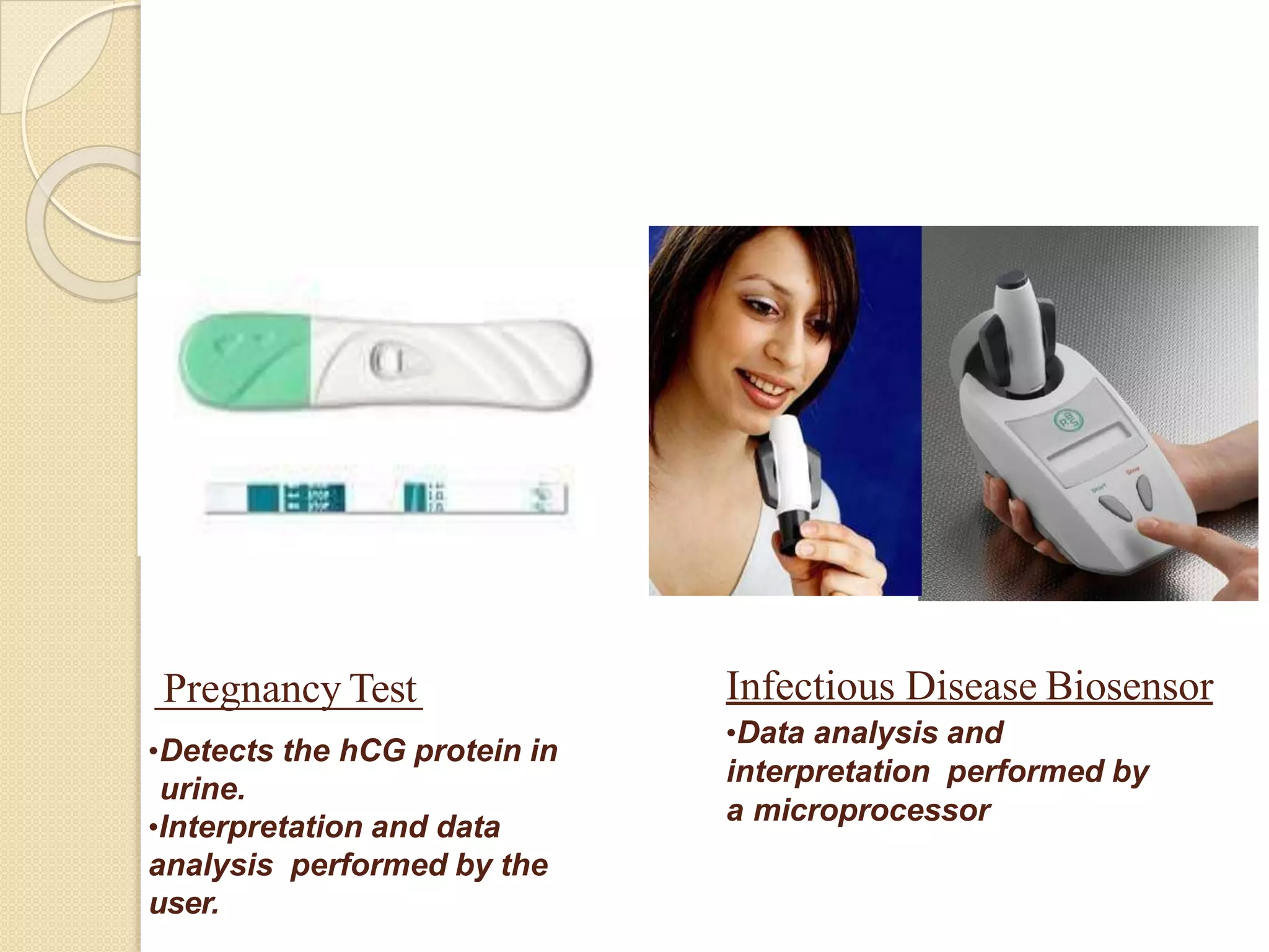 Pregnancy Test
•Detects the hCG protein in
urine.
•Interpretation and data
analysis performed by the
user.
Infectious Disease Biosensor
•Data analysis and
interpretation performed by
a microprocessor
 