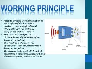 • Analyte diffuses from the solution to
the surface of the Biosensor.
• Analyte reacts specifically and
efficiently with the biological
component of the biosensor.
• This reaction changes the
physicochemical properties of the
Transducer surface.
• This leads to a change in the
optical/electrical properties of the
Transducer surface.
• The change in the optical/electrical
properties is measured/converted into
electrical signals , which is detected.
 