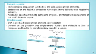Immuno-sensors:
 Immunological preparation (antibodies) are uses as recognition elements.
 Established on the fact that antibodies have high affinity towards their respective
antigens,
 Antibodies specifically bind to pathogens or toxins, or interact with components of
the host's immune system.
DNA biosensor:
 DNA is used as biorecognition element. (biorecepetor)
 Devised on the property that single-strand nucleic acid molecule is able to
recognize and bind to its complementary strand in a sample.
20
 