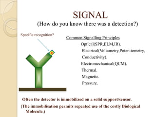 SIGNAL
          (How do you know there was a detection?)
Specific recognition?
                         Common Signalling Principles
                              Optical(SPR,ELM,IR).
                               Electrical(Voltametry,Potentiometry,
                               Conductivity).
                              Electromechanical(QCM).
                               Thermal.
                               Magnetic.
                               Pressure.


 Often the detector is immobilized on a solid support/sensor.
(The immobilisation permits repeated use of the costly Biological
  Molecule.)
 