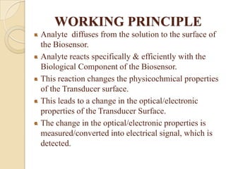 WORKING PRINCIPLE
Analyte diffuses from the solution to the surface of
the Biosensor.
Analyte reacts specifically & efficiently with the
Biological Component of the Biosensor.
This reaction changes the physicochmical properties
of the Transducer surface.
This leads to a change in the optical/electronic
properties of the Transducer Surface.
The change in the optical/electronic properties is
measured/converted into electrical signal, which is
detected.
 