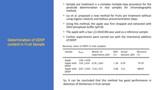 • Sample pre treatment is a complex multiple-step procedure for the
pesticide determination in real samples for chromatographic
method.
• Liu et al. proposed a new method for fruits pre treatment without
using organic solvents and tedious preconcentration steps.
• Using this method, the apple was first chopped and extracted with
20ml phosphate buffer (pH=8)
• The apple with a low It (1.04±0.04) was used as a reference sample
• Further experiments were carried out with the intentional addition
of DDVP
So, It can be concluded that this method has good performance in
detection of Dichlorvos in fruit sample
 