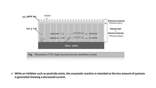  While an inhibitor such as pesticide exists, the enzymatic reaction is retarded so the less amount of quinone
is generated showing a decreased current.
Fig. : Illustration of GC/single layered enzyme membrane system
 