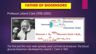 FATHER OF BIOSENSORS
Professor Leland Clark (1918–2005)
The first and the most wide spready used commercial biosensor: the blood
glucose biosensor–developed by Leland C. Clark in 1962
 