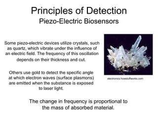Principles of Detection
Piezo-Electric Biosensors
The change in frequency is proportional to
the mass of absorbed material.
Some piezo-electric devices utilize crystals, such
as quartz, which vibrate under the influence of
an electric field. The frequency of this oscillation
depends on their thickness and cut.
electronics.howstuffworks.com
Others use gold to detect the specific angle
at which electron waves (surface plasmons)
are emitted when the substance is exposed
to laser light.
 