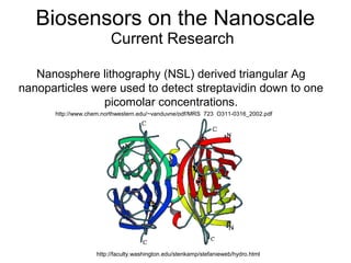 Biosensors on the Nanoscale
Current Research
Nanosphere lithography (NSL) derived triangular Ag
nanoparticles were used to detect streptavidin down to one
picomolar concentrations.
http://www.chem.northwestern.edu/~vanduyne/pdf/MRS_723_O311-0316_2002.pdf
http://faculty.washington.edu/stenkamp/stefanieweb/hydro.html
 