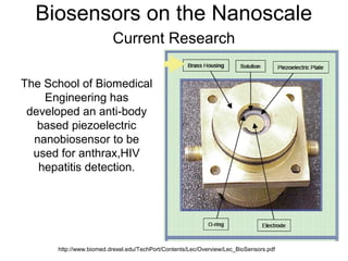Biosensors on the Nanoscale
Current Research
The School of Biomedical
Engineering has
developed an anti-body
based piezoelectric
nanobiosensor to be
used for anthrax,HIV
hepatitis detection.
http://www.biomed.drexel.edu/TechPort/Contents/Lec/Overview/Lec_BioSensors.pdf
 