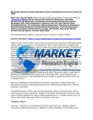 Biosensors Market Forecast, Manufacture Size, Developments and Future Scope To
2025
New York, July 28, 2020: Market Research Engine has published a new report titled as
“Biosensors Market Size By Product (Nonwearable Biosensors, Wearable
Biosensors), By Application (Biodefense, Environmental Monitoring, Food &
Beverages, POC, Home Diagnostics, Research Lab), By Type (Sensor Patch,
Embedded Device), By Technology (Optical Biosensors, Piezoelectric Biosensors,
Electrochemical Biosensors, Nanomechanical Biosensors, Thermal Biosensors),
Others), By Region (North America, Europe, Asia-Pacific, Rest of the World),
Market Analysis Report, Forecast 2020-2025.”
The Global Biosensors Market is expected to grow by 2025 at a CAGR of 9.04%.
Browse Full Report: https://www.marketresearchengine.com/biosensors-market
Biosensor may be device that is used to sense the concentration or presence of biological analyte,
similar a biological structure or a microorganism. These sensors involve of a component that
identifies the analyte & products a signal, a reader device and a signal transducer. Biosensors for
determining blood metabolites like lactate, glucose, creatinine, and urea, using both optical and
electrochemical methods of transduction, are being routinely used and commercially settled in
the point of care testing, laboratories, and self-testing for glucose monitoring. They have
applications in various segments in the healthcare industry. Furthermore, miniaturization of these
biosensors has transformed the conventional testing scenario healthcare and in medical sectors.
Medical biosensors are used to diagnose blood glucose monitoring, cholesterol testing, drug
discovery, pregnancy testing systems and infectious diseases. These sensors are measured to be a
vital tool in the monitoring and recognition of large variety medical situations such as cancer and
diabetes.
The global Biosensors market is segregated on the basis of Product as Nonwearable Biosensors
and Wearable Biosensors. Based on Application the global Biosensors market is segmented in
Biodefense, Environmental Monitoring, Food & Beverages, POC, Home Diagnostics, and
Research Lab. Based on Type the global Biosensors market is segmented in Sensor Patch and
Embedded Device.
Based on Technology, the global Biosensors market is segmented in Optical Biosensors,
Piezoelectric Biosensors, Electrochemical Biosensors, Nanomechanical Biosensors, Thermal
Biosensors, and Others.
The global Biosensors market report provides geographic analysis covering regions, such as
North America, Europe, Asia-Pacific, and Rest of the World. The Biosensors market for each
region is further segmented for major countries including the U.S., Canada, Germany, the U.K.,
France, Italy, China, India, Japan, Brazil, South Africa, and others.
Competitive Rivalry
Ercon Inc., LifeSensors, Nova Biomedical, ACON Laboratories, Inc., Pharmaco-Kinesis
Corporation, Abbott Laboratories Inc., Hoffman-La Roche, Medtronic, Universal Biosensors,
 