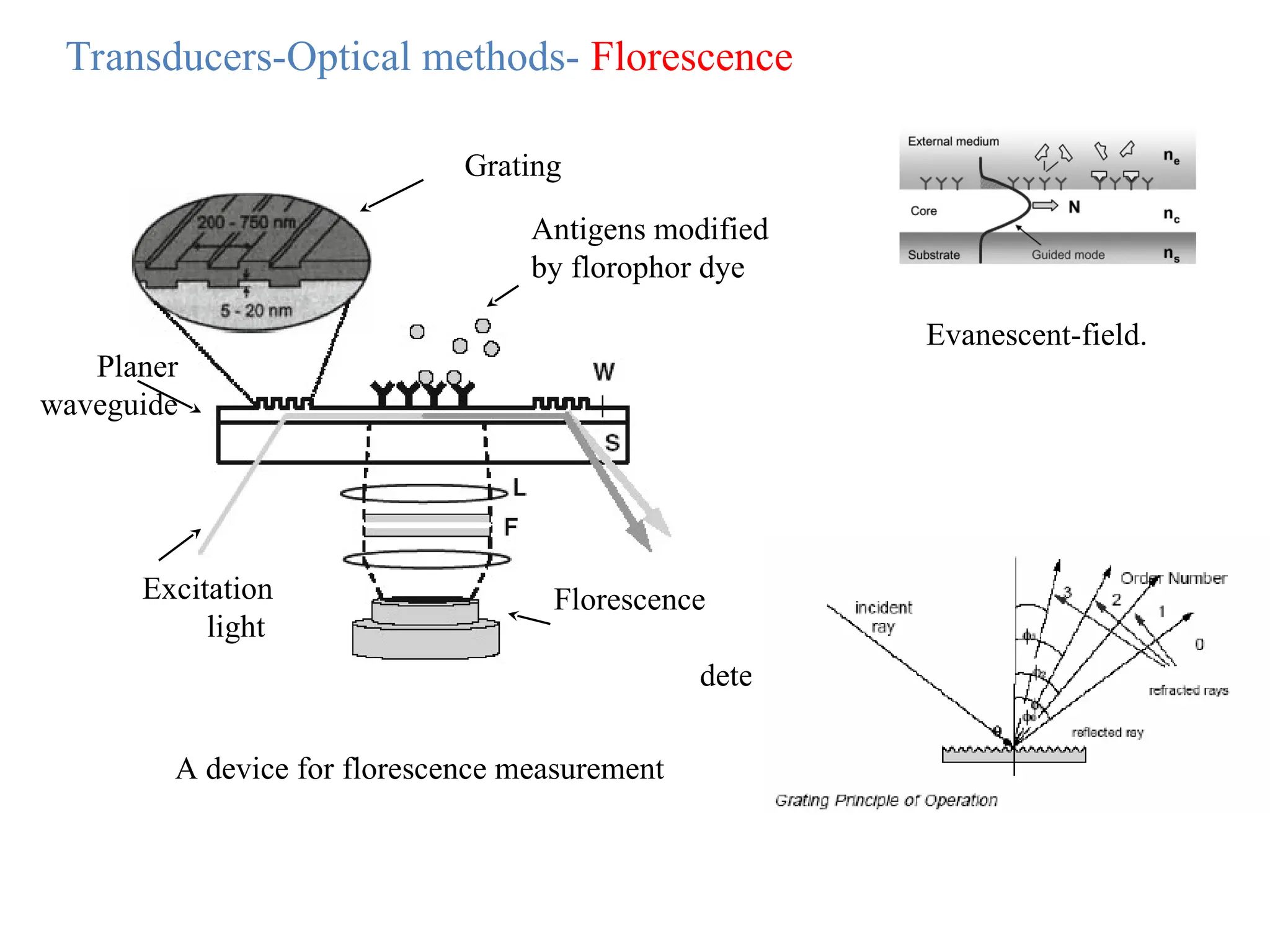Transducers-Optical methods- Florescence
A device for florescence measurement
Excitation
light
Florescence
detector
Planer
waveguide
Grating
Antigens modified
by florophor dye
Evanescent-field.
 