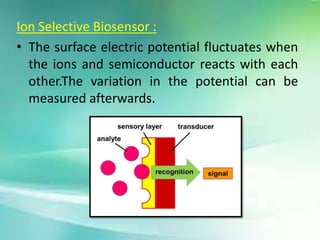 Ion Selective Biosensor :
• The surface electric potential fluctuates when
the ions and semiconductor reacts with each
other.The variation in the potential can be
measured afterwards.
 