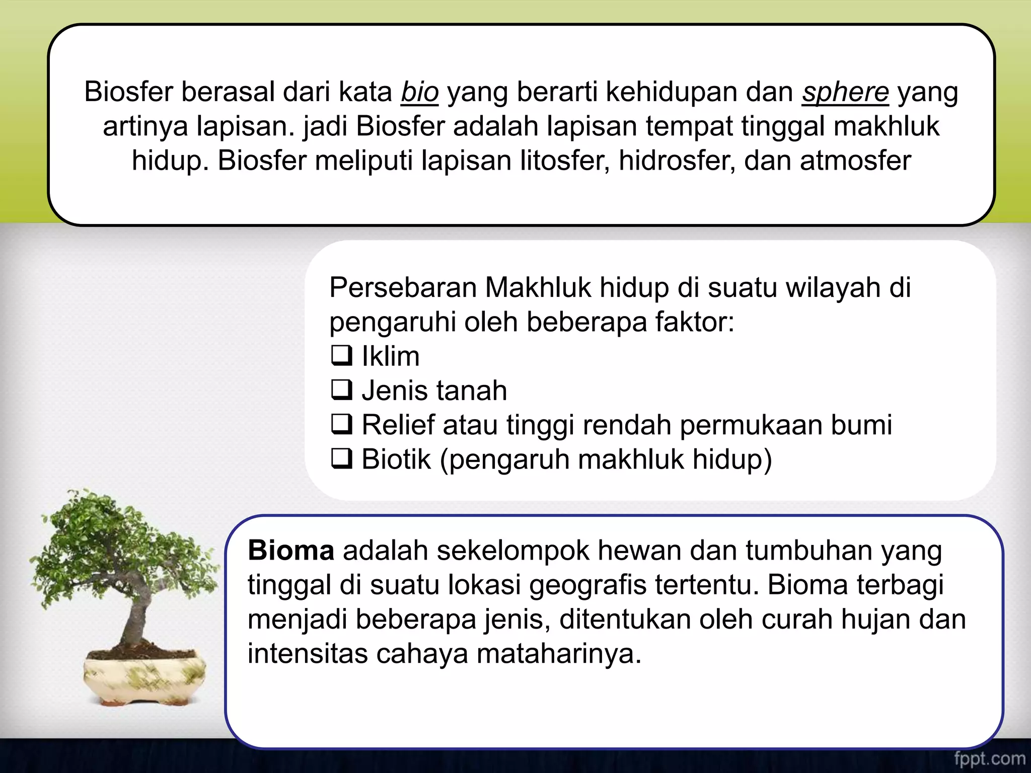 Biosfer berasal dari kata bio yang berarti kehidupan dan sphere yang
artinya lapisan. jadi Biosfer adalah lapisan tempat tinggal makhluk
hidup. Biosfer meliputi lapisan litosfer, hidrosfer, dan atmosfer
Persebaran Makhluk hidup di suatu wilayah di
pengaruhi oleh beberapa faktor:
 Iklim
 Jenis tanah
 Relief atau tinggi rendah permukaan bumi
 Biotik (pengaruh makhluk hidup)
Bioma adalah sekelompok hewan dan tumbuhan yang
tinggal di suatu lokasi geografis tertentu. Bioma terbagi
menjadi beberapa jenis, ditentukan oleh curah hujan dan
intensitas cahaya mataharinya.
 