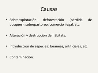 Causas
• Sobreexplotación: deforestación (pérdida
bosques), sobrepastoreo, comercio ilegal, etc.

de

• Alteración y destrucción de hábitats.
• Introducción de especies: foráneas, artificiales, etc.
• Contaminación.

 
