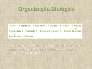 Um conjunto de átomos constitui uma molécula, um
grupo destas por sua vez constitui um organelo e
assim sucessivamente .
 