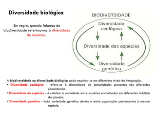 A biodiversidade ou diversidade biológica pode exprimir-se em diferentes níveis de integração:
• Diversidade ecológica - refere-se à diversidade de comunidades presentes nos diferentes
ecossistemas.
• Diversidade de espécies - é relativa à variedade entre espécies encontradas em diferentes habitats
do planeta.
• Diversidade genética - inclui variedade genética dentro e entre populações pertencentes à mesma
espécie.
Diversidade biológica
Em regra, quando falamos de
biodiversidade referimo-nos à diversidade
de espécies.
 