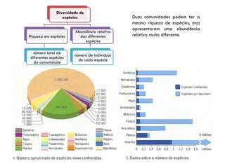 Duas comunidades podem ter a
mesma riqueza de espécies, mas
apresentarem uma abundância
relativa muito diferente.
Diversidade de
espécies
Riqueza em espécies
número total de
diferentes espécies
da comunidade
Abundância relativa
das diferentes
espécies
número de indivíduos
de cada espécie
 