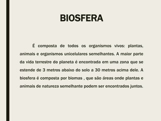 BIOSFERA
É composta de todos os organismos vivos: plantas,
animais e organismos unicelulares semelhantes. A maior parte
da vida terrestre do planeta é encontrada em uma zona que se
estende de 3 metros abaixo do solo a 30 metros acima dele. A
biosfera é composta por biomas , que são áreas onde plantas e
animais de natureza semelhante podem ser encontrados juntos.
 