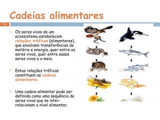 Cadeias alimentares Os seres vivos de um ecossistema estabelecem  relações tróficas  (alimentares), que envolvem transferências de matéria e energia, quer entre os seres vivos, quer entre esses seres vivos e o meio. Estas relações tróficas constituem as  cadeias alimentares. Uma cadeia alimentar pode ser definida como uma sequência de seres vivos que se inter-relacionam a nível alimentar. 
