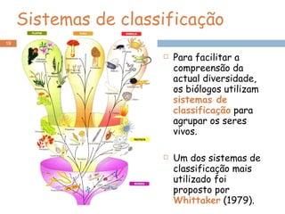 Sistemas de classificação Para facilitar a compreensão da actual diversidade, os biólogos utilizam  sistemas de classificação  para agrupar os seres vivos. Um dos sistemas de classificação mais utilizado foi proposto por  Whittaker  (1979). 