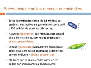 Seres procariontes e seres eucariontes Estão identificadas cerca  de 1,8 milhões de espécies, mas estima-se que existam cerca de 5 a 100 milhões de espécies diferentes. Alguns ( procariontes ) são formados por uma só célula muito simples, sem núcleo organizado –  células procarióticas . Outros ( eucariontes ) apresentam células mais complexas, com núcleo organizado e delimitado por um invólucro –  células eucarióticas. Os seres que possuem células eucarióticas podem ser unicelulares ou pluricelulares. 