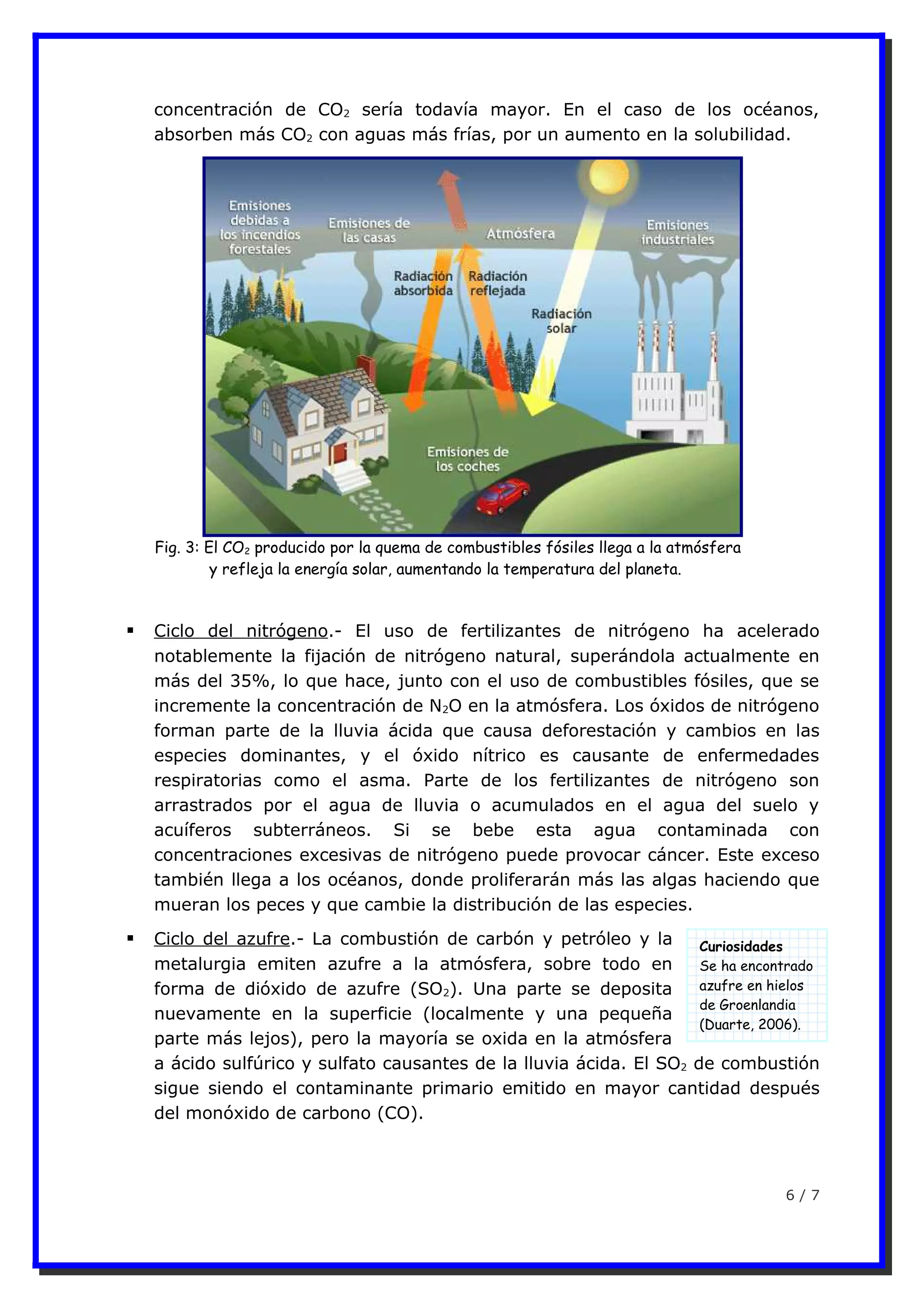 Fig. 3: El CO2 producido por la quema de combustibles fósiles llega a la atmósfera
y refleja la energía solar, aumentando la temperatura del planeta.
concentración de CO2 sería todavía mayor. En el caso de los océanos,
absorben más CO2 con aguas más frías, por un aumento en la solubilidad.
 Ciclo del nitrógeno.- El uso de fertilizantes de nitrógeno ha acelerado
notablemente la fijación de nitrógeno natural, superándola actualmente en
más del 35%, lo que hace, junto con el uso de combustibles fósiles, que se
incremente la concentración de N2O en la atmósfera. Los óxidos de nitrógeno
forman parte de la lluvia ácida que causa deforestación y cambios en las
especies dominantes, y el óxido nítrico es causante de enfermedades
respiratorias como el asma. Parte de los fertilizantes de nitrógeno son
arrastrados por el agua de lluvia o acumulados en el agua del suelo y
acuíferos subterráneos. Si se bebe esta agua contaminada con
concentraciones excesivas de nitrógeno puede provocar cáncer. Este exceso
también llega a los océanos, donde proliferarán más las algas haciendo que
mueran los peces y que cambie la distribución de las especies.
 Ciclo del azufre.- La combustión de carbón y petróleo y la
metalurgia emiten azufre a la atmósfera, sobre todo en
forma de dióxido de azufre (SO2). Una parte se deposita
nuevamente en la superficie (localmente y una pequeña
parte más lejos), pero la mayoría se oxida en la atmósfera
a ácido sulfúrico y sulfato causantes de la lluvia ácida. El SO2 de combustión
sigue siendo el contaminante primario emitido en mayor cantidad después
del monóxido de carbono (CO).
6 / 7
Curiosidades
Se ha encontrado
azufre en hielos
de Groenlandia
(Duarte, 2006).
 