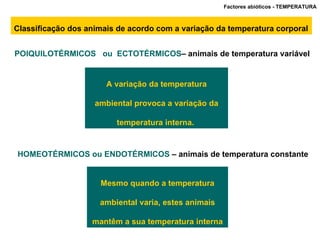 Classificação dos animais de acordo com a variação da temperatura corporal Factores abióticos - TEMPERATURA  POIQUILOTÉRMICOS  ou  ECTOTÉRMICOS – animais de temperatura variável HOMEOTÉRMICOS ou ENDOTÉRMICOS  – animais de temperatura constante  A variação da temperatura ambiental provoca a variação da temperatura interna.  Mesmo quando a temperatura ambiental varia, estes animais mantêm a sua temperatura interna 