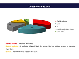 Constituição do solo Matéria mineral  – partículas de rochas. Matéria orgânica  – é originada pela actividade dos seres vivos que habitam no solo ou que dele dependem.  Húmus  – matéria orgânica em decomposição. 