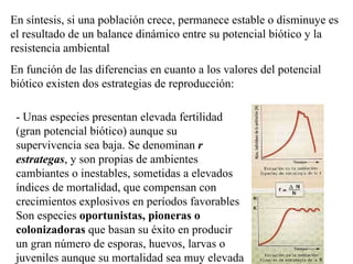 En síntesis, si una población crece, permanece estable o disminuye es el resultado de un balance dinámico entre su potencial biótico y la resistencia ambiental   En función de las diferencias en cuanto a los valores del potencial biótico existen dos estrategias de reproducción: - Unas especies presentan elevada fertilidad (gran potencial biótico) aunque su supervivencia sea baja. Se denominan  r estrategas , y son propias de ambientes cambiantes o inestables, sometidas a elevados índices de mortalidad, que compensan con crecimientos explosivos en períodos favorables Son especies  oportunistas, pioneras o colonizadoras  que basan su éxito en producir un gran número de esporas, huevos, larvas o juveniles aunque su mortalidad sea muy elevada 