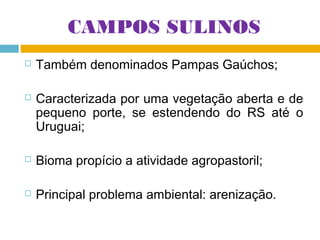 CAMPOS SULINOS




Também denominados Pampas Gaúchos;
Caracterizada por uma vegetação aberta e de
pequeno porte, se estendendo do RS até o
Uruguai;



Bioma propício a atividade agropastoril;



Principal problema ambiental: arenização.

 