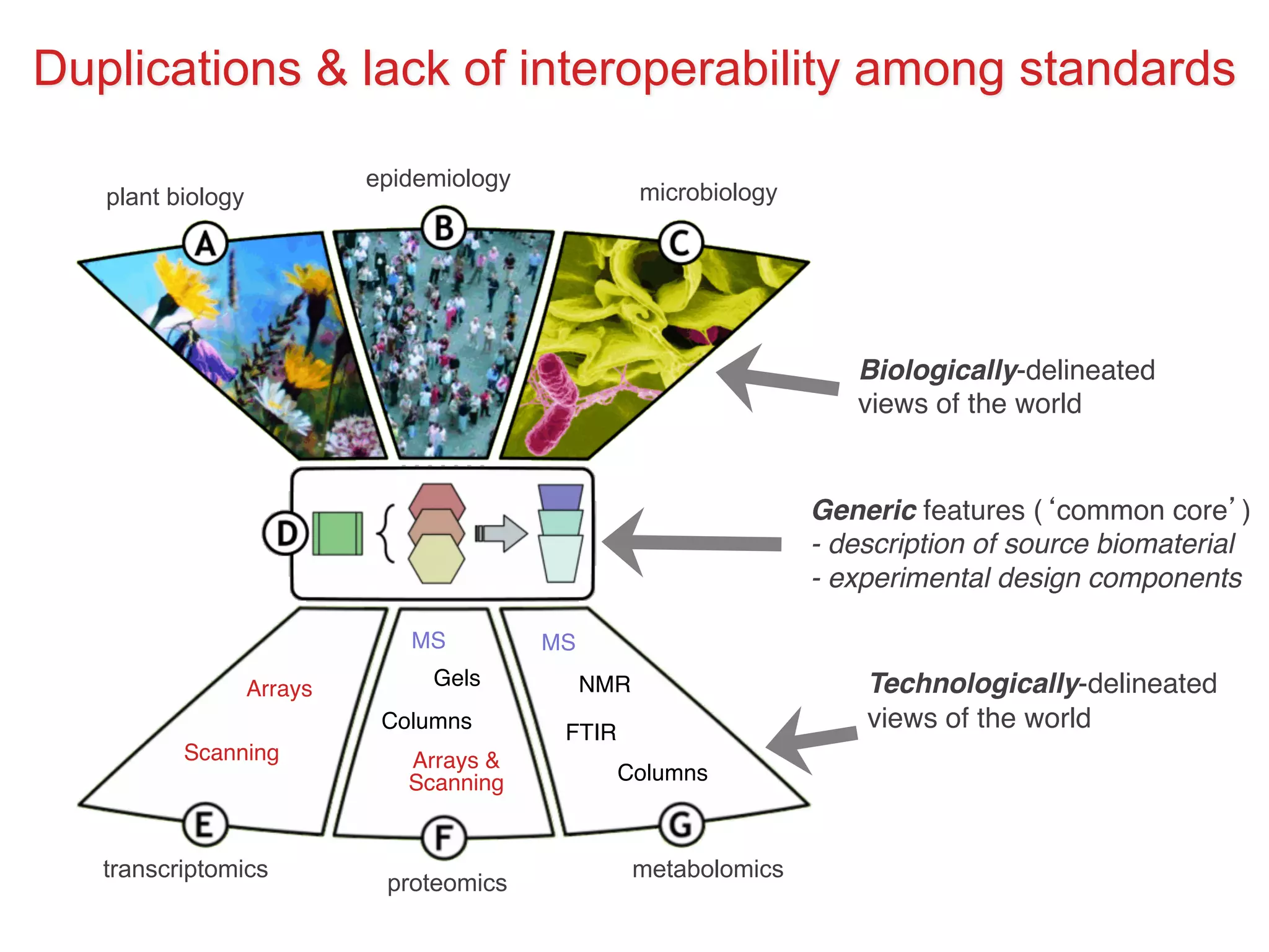 Technologically-delineated
views of the world
Biologically-delineated
views of the world
Generic features (‘common core’)
- description of source biomaterial
- experimental design components
Arrays
Scanning Arrays &
Scanning
Columns
Gels
MS MS
FTIR
NMR
Columns
transcriptomics
proteomics
metabolomics
plant biology
epidemiology
microbiology
Duplications & lack of interoperability among standards
 