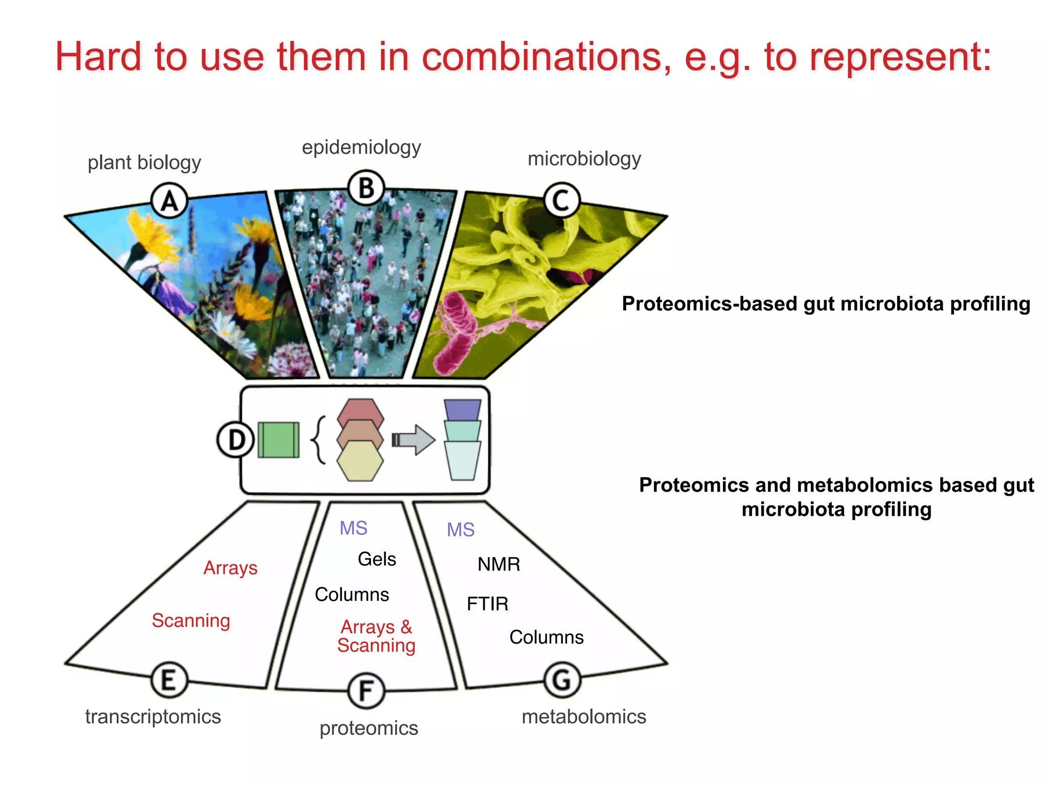 Arrays
Scanning Arrays &
Scanning
Columns
Gels
MS MS
FTIR
NMR
Columns
transcriptomics
proteomics
metabolomics
plant biology
epidemiology
microbiology
Hard to use them in combinations, e.g. to represent:
Proteomics-based gut microbiota profiling
Proteomics and metabolomics based gut
microbiota profiling
 