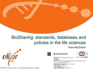 www.elixir-europe.org
ELIXIR All Hands 2017, 21-23 March, Rome, Italy
BioSharing: standards, databases and
policies in the life sciences
Peter McQuilton
RDA 9th Plenary, 2017, 5-7 April, Barcelona, Spain
 