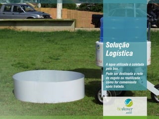 Solução
Logística
A água utilizada é coletada
pelo box.
Pode ser destinada a rede
de esgoto ou reutilizada
como for conveniente
após tratada.
 