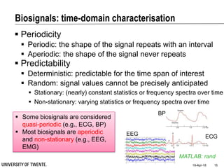 Biosignals: time-domain characterisation
 Periodicity
 Periodic: the shape of the signal repeats with an interval
 Aperiodic: the shape of the signal never repeats
 Predictability
 Deterministic: predictable for the time span of interest
 Random: signal values cannot be precisely anticipated
 Stationary: (nearly) constant statistics or frequency spectra over time
 Non-stationary: varying statistics or frequency spectra over time
19-Apr-18 15
MATLAB: rand
 Some biosignals are considered
quasi-periodic (e.g., ECG, BP)
 Most biosignals are aperiodic
and non-stationary (e.g., EEG,
EMG)
EEG
BP
ECG
 