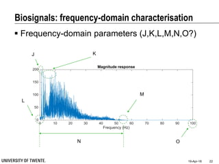 Biosignals: frequency-domain characterisation
 Frequency-domain parameters (J,K,L,M,N,O?)
19-Apr-18 22
0 10 20 30 40 50 60
Time (s)
-1
-0.5
0
0.5
1
1.5
2
0 10 20 30 40 50 60 70 80 90 100
Frequency (Hz)
0
50
100
150
200
Magnitude response
J K
L
N
M
O
 