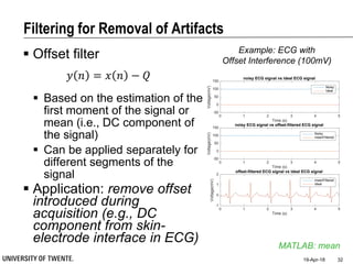Filtering for Removal of Artifacts
 Offset filter
𝑦 𝑛 = 𝑥 𝑛 − 𝑄
 Based on the estimation of the
first moment of the signal or
mean (i.e., DC component of
the signal)
 Can be applied separately for
different segments of the
signal
 Application: remove offset
introduced during
acquisition (e.g., DC
component from skin-
electrode interface in ECG)
19-Apr-18 32
MATLAB: mean
Example: ECG with
Offset Interference (100mV)
0 1 2 3 4 5
Time (s)
-50
0
50
100
150
Voltage(mV)
noisy ECG signal vs ideal ECG signal
Noisy
Ideal
0 1 2 3 4 5
Time (s)
-50
0
50
100
150
Voltage(mV)
noisy ECG signal vs offset-filtered ECG signal
Noisy
meanFiltered
0 1 2 3 4 5
Time (s)
-1
0
1
2
Voltage(mV)
offset-filtered ECG signal vs ideal ECG signal
meanFiltered
Ideal
 