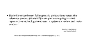 • Biosimilar recombinant follitropin alfa preparations versus the
reference product (Gonal-F®) in couples undergoing assisted
reproductive technology treatment: a systematic review and meta-
analysis
Chua et al. Reproductive Biology and Endocrinology (2021) 19:51
 