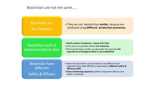 Biosimilars are not the same…..
• They are not identical but similar, because are
produced using different production processes.
Biosimilar are
Not Generics
•Small number of patients in phase II-III trials
•Only show comparable effect/ non-inferority
•Pharmacodynamic studies are generally not required, the
equivalence of biological effect is not established
Biosimilars lack of
extensive clinical data
•Given that biosimilars are permitted to be different from
originator drug, little differences generated a different safety &
efficacy profile
•Close monitoring required by EMA as long-term efficacy and
safety is unproven
Biosimilar have
different
Safety & Efficacy
 