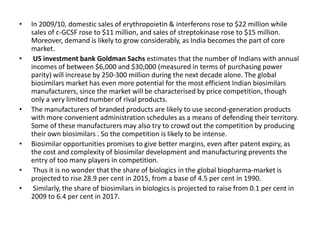 • In 2009/10, domestic sales of erythropoietin & interferons rose to $22 million while
sales of c-GCSF rose to $11 million, and sales of streptokinase rose to $15 million.
Moreover, demand is likely to grow considerably, as India becomes the part of core
market.
• US investment bank Goldman Sachs estimates that the number of Indians with annual
incomes of between $6,000 and $30,000 (measured in terms of purchasing power
parity) will increase by 250-300 million during the next decade alone. The global
biosimilars market has even more potential for the most efficient Indian biosimilars
manufacturers, since the market will be characterised by price competition, though
only a very limited number of rival products.
• The manufacturers of branded products are likely to use second-generation products
with more convenient administration schedules as a means of defending their territory.
Some of these manufacturers may also try to crowd out the competition by producing
their own biosimilars . So the competition is likely to be intense.
• Biosimilar opportunities promises to give better margins, even after patent expiry, as
the cost and complexity of biosimilar development and manufacturing prevents the
entry of too many players in competition.
• Thus it is no wonder that the share of biologics in the global biopharma-market is
projected to rise 28.9 per cent in 2015, from a base of 4.5 per cent in 1990.
• Similarly, the share of biosimilars in biologics is projected to raise from 0.1 per cent in
2009 to 6.4 per cent in 2017.
 
