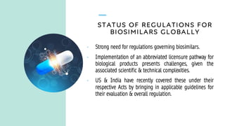 STATUS OF REGULATIONS FOR
BIOSIMILARS GLOBALLY
• Strong need for regulations governing biosimilars.
• Implementation of an abbreviated licensure pathway for
biological products presents challenges, given the
associated scientific & technical complexities.
• US & India have recently covered these under their
respective Acts by bringing in applicable guidelines for
their evaluation & overall regulation.
 