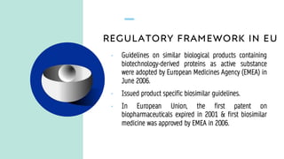 REGULATORY FRAMEWORK IN EU
• Guidelines on similar biological products containing
biotechnology-derived proteins as active substance
were adopted by European Medicines Agency (EMEA) in
June 2006.
• Issued product specific biosimilar guidelines.
• In European Union, the first patent on
biopharmaceuticals expired in 2001 & first biosimilar
medicine was approved by EMEA in 2006.
 