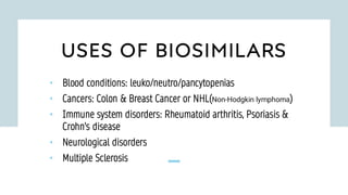 USES OF BIOSIMILARS
• Blood conditions: leuko/neutro/pancytopenias
• Cancers: Colon & Breast Cancer or NHL(Non-Hodgkin lymphoma)
• Immune system disorders: Rheumatoid arthritis, Psoriasis &
Crohn's disease
• Neurological disorders
• Multiple Sclerosis
 